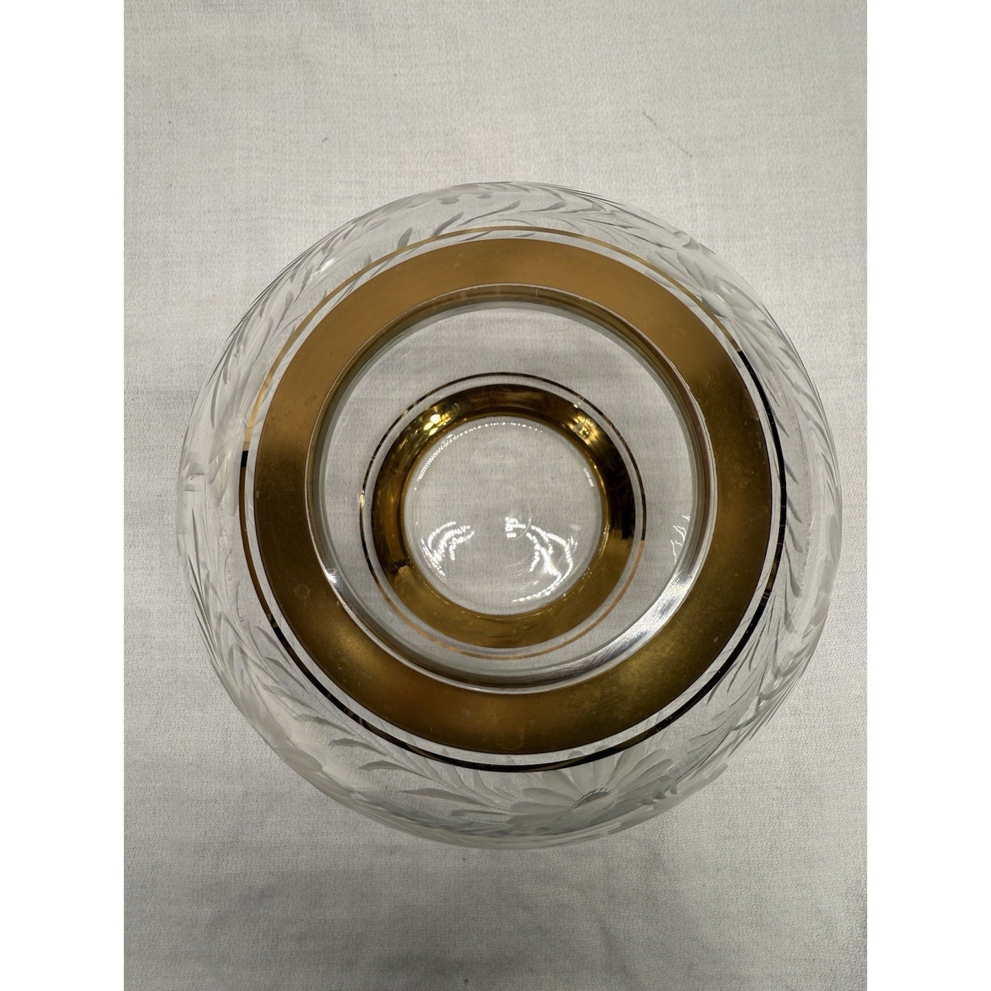 Rare Mid Century Clear Glass Round Vase Etched Flowers Gold Rim On Top & Bottom