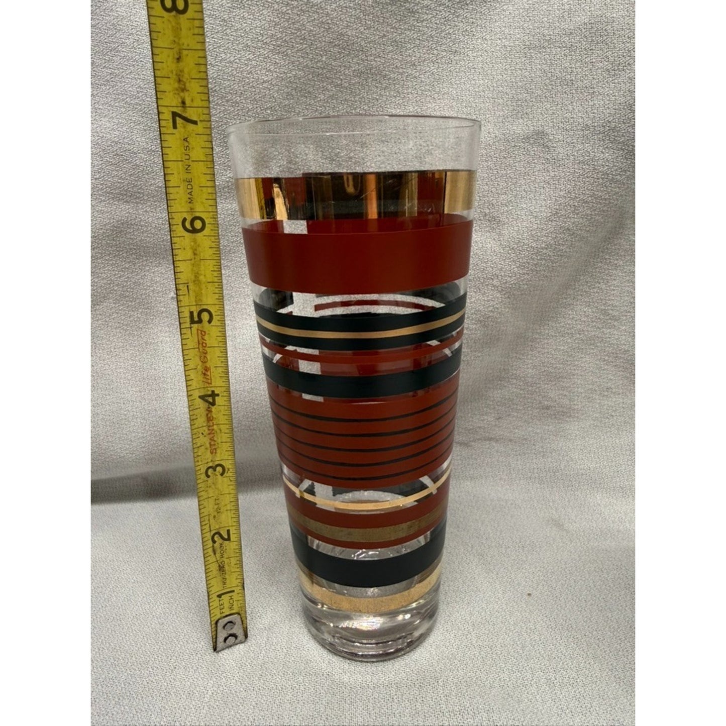 (7) Rare mid century modern high ball striped glasses red gold black 7" tumbler