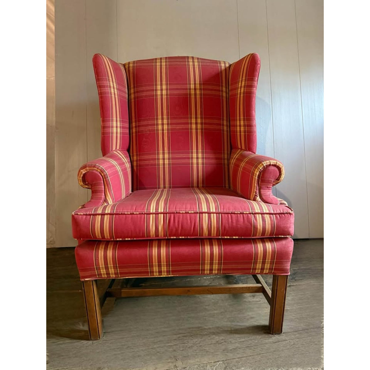 Red, cream & brown plaid wing back chair, great for country cottage!