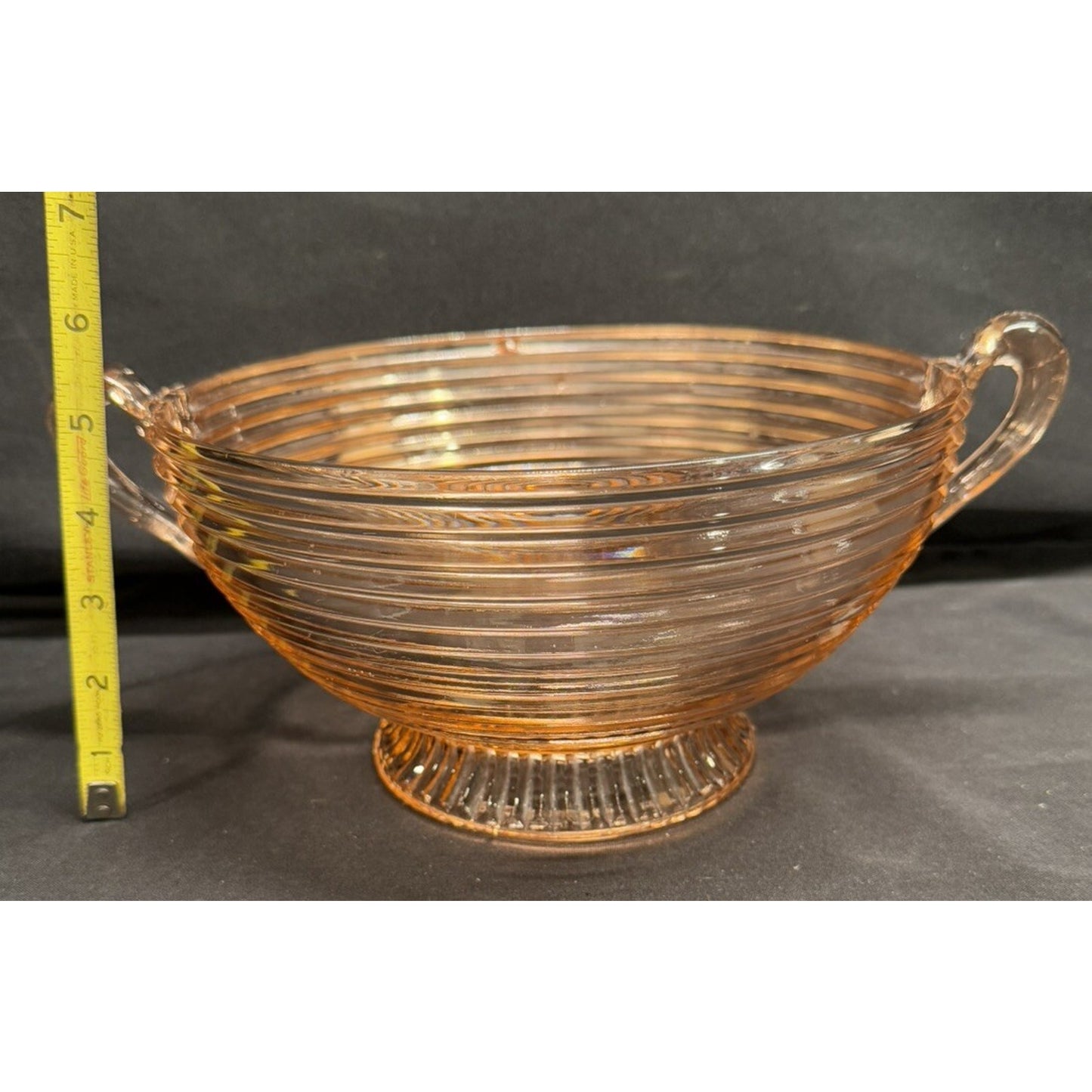 Anchor Hocking 1930s Pink Manhattan Depression glass pedestal bowl with handles