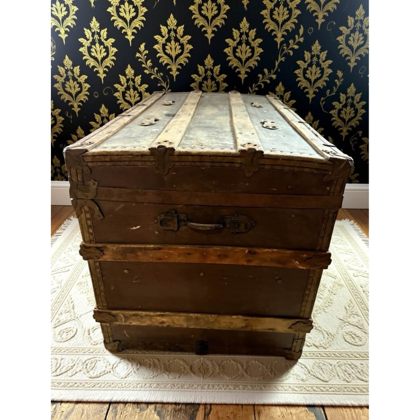 Large Antique wooden flat top steamer trunk