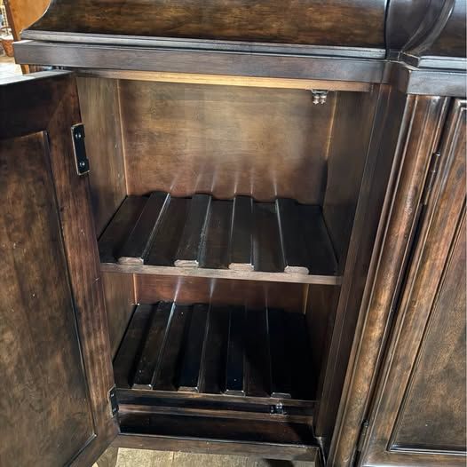 A.R.T Discontinued brindle buffet with Greek style hardware & inner wine slats
