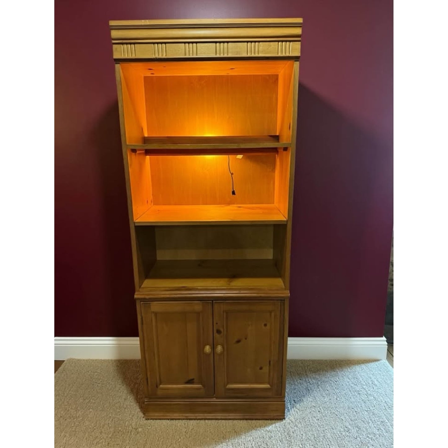 Wooden lighted bookcase/ shelf unit with lower cabinets