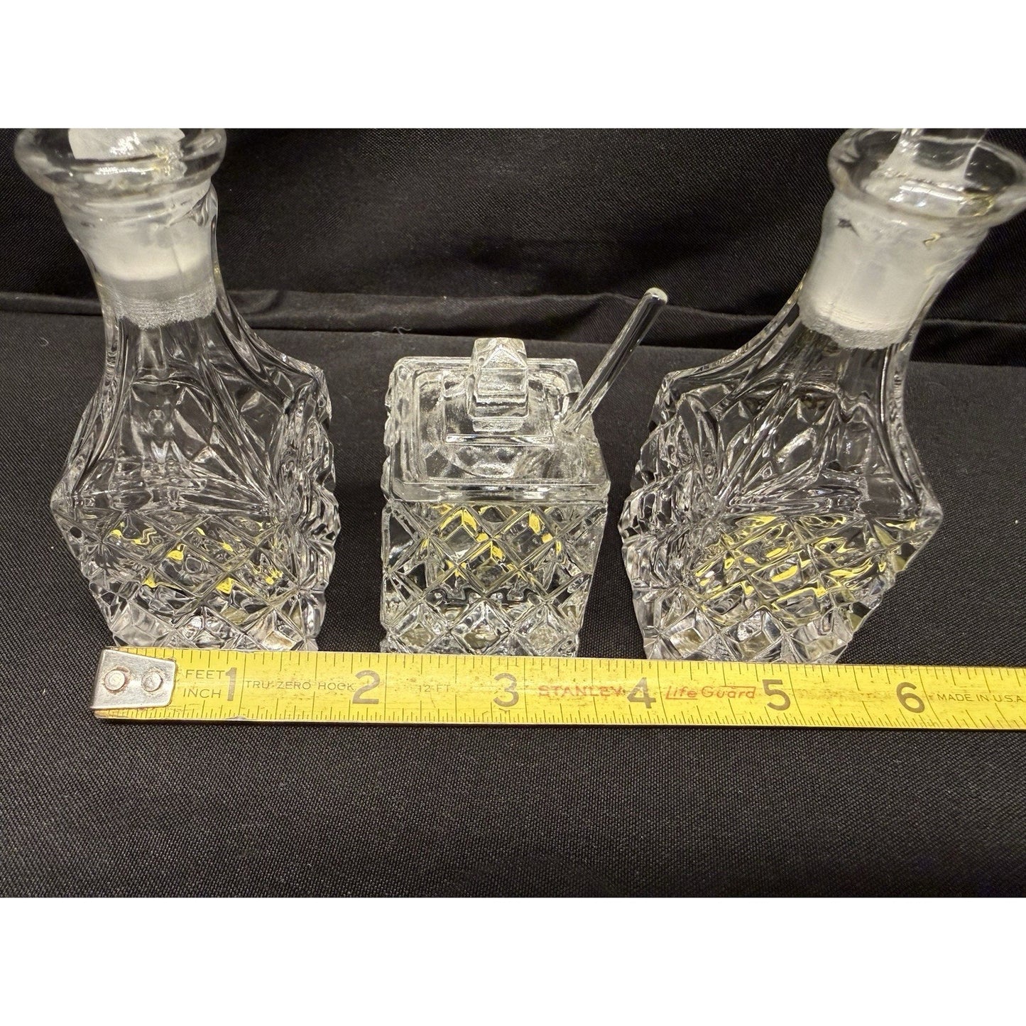 Rare Mini Crystal Clear Glass Cruets & Jam Jar W/ Spoon Set Of 3 Square Vintage