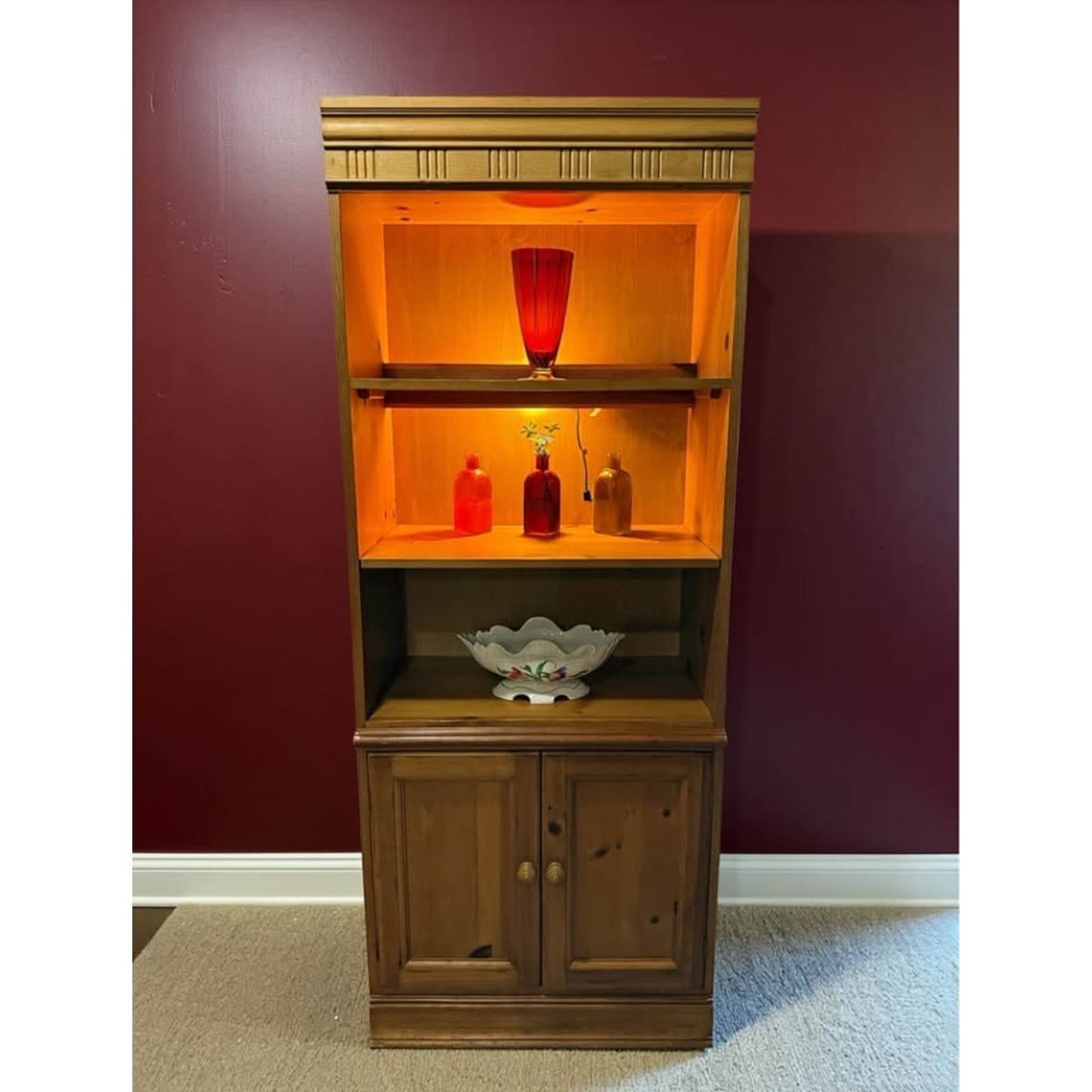 Wooden lighted bookcase/ shelf unit with lower cabinets