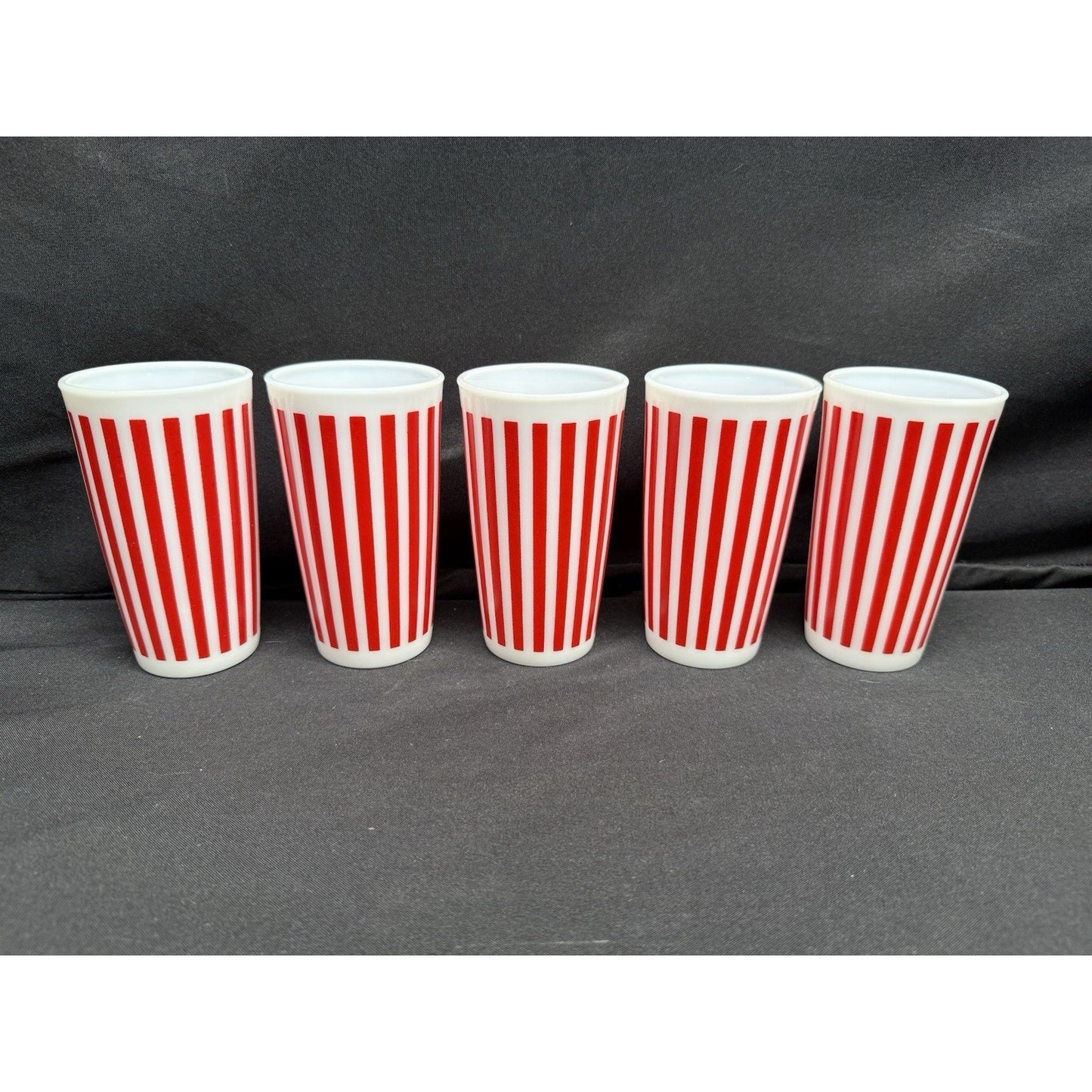 Vintage Hazel Atlas Platonite Milk Glass Tumblers Red White Candy Stripe Set 5