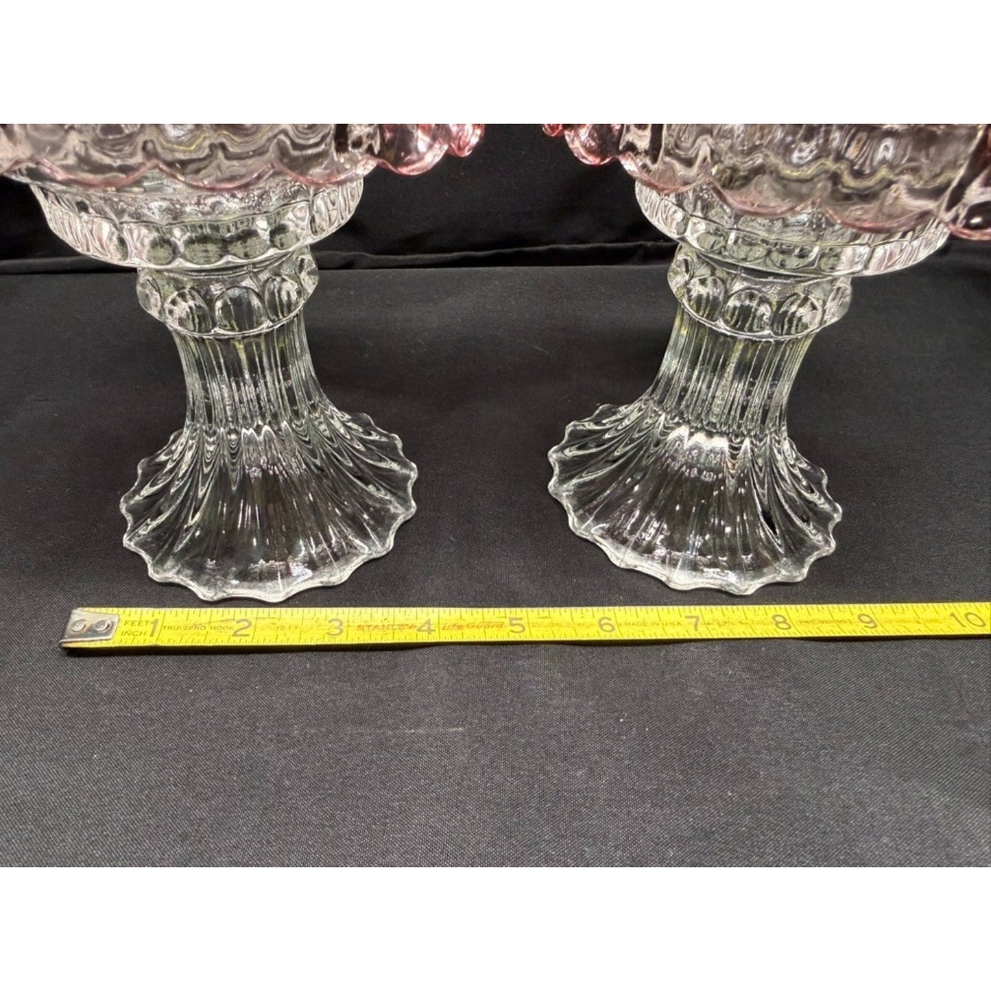 Pair of L.E. Smith Vintage Pink Fairy Lamps Clear Glass Pedestal Candle Holders