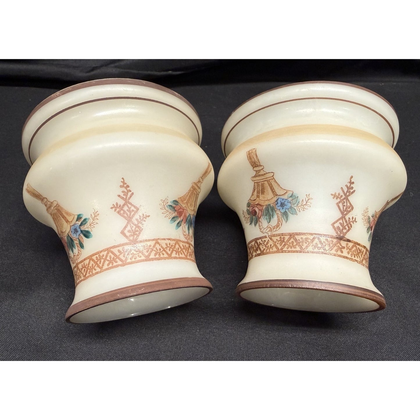 Rare (2) antique glass lamp shades hand painted bell shape brown cream floral 4"