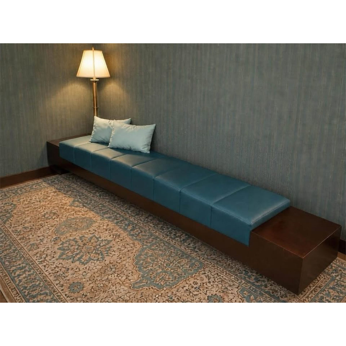 Long curved teal & dark wood hotel style bench 10 ft long