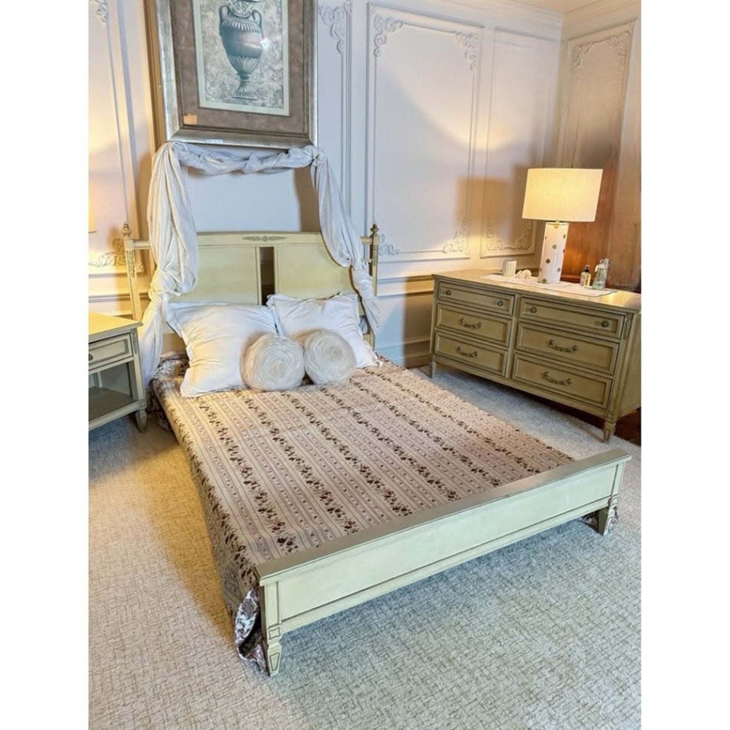 Cream color French provincial bedroom set bed frame, desk, bookcase, mirror, night stand, dresser
