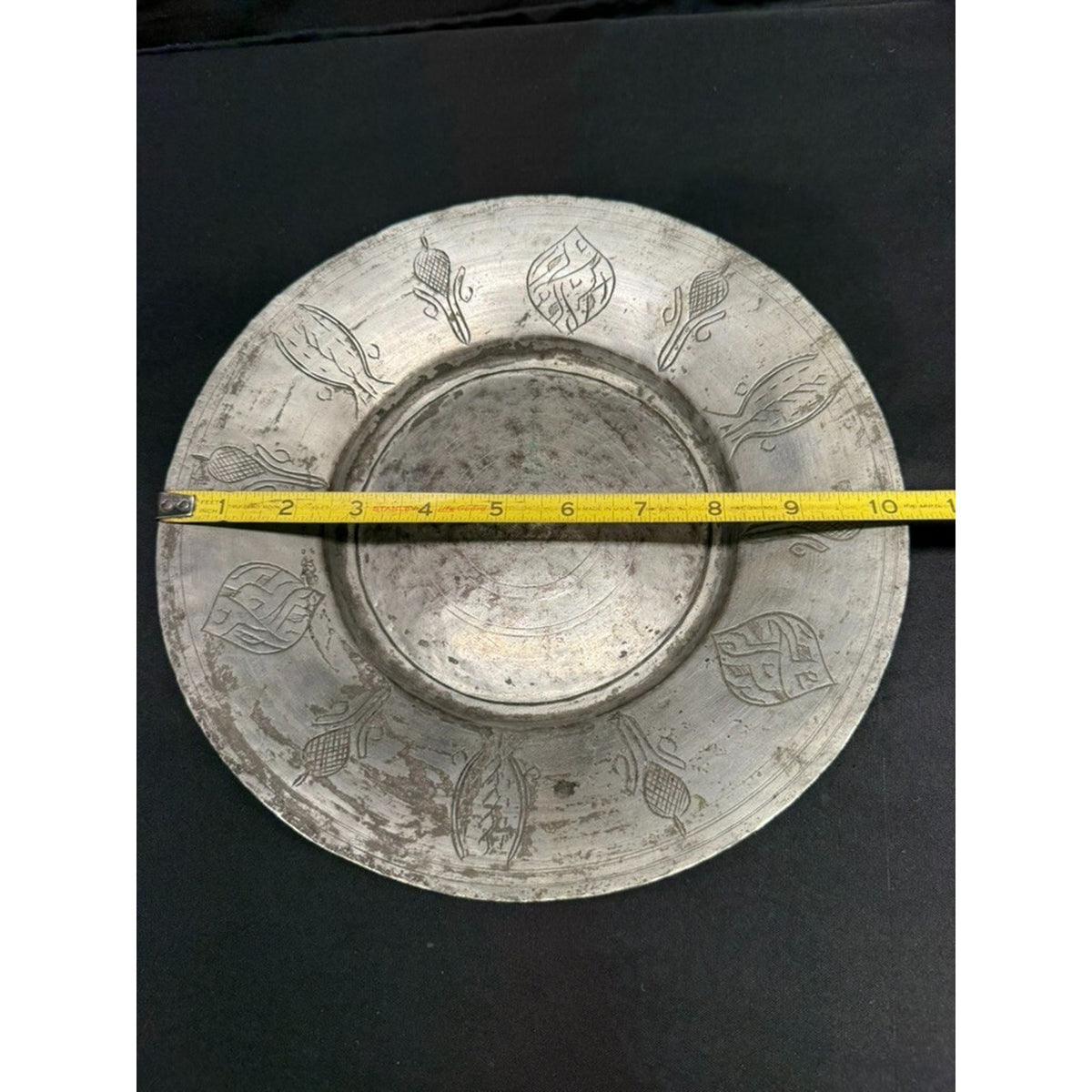 Antique Egyptian Tin Coated Copper Plate 10.25" Round Hand Forged Engraved Decor