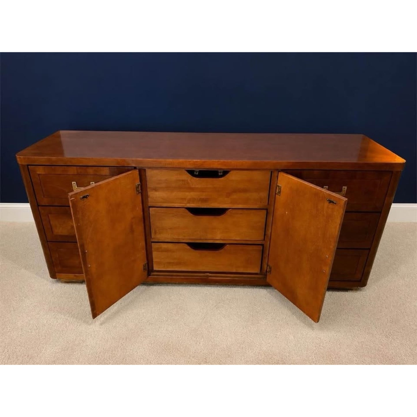 Mid century modern campaign style 9 drawer dresser/credenza brass handles