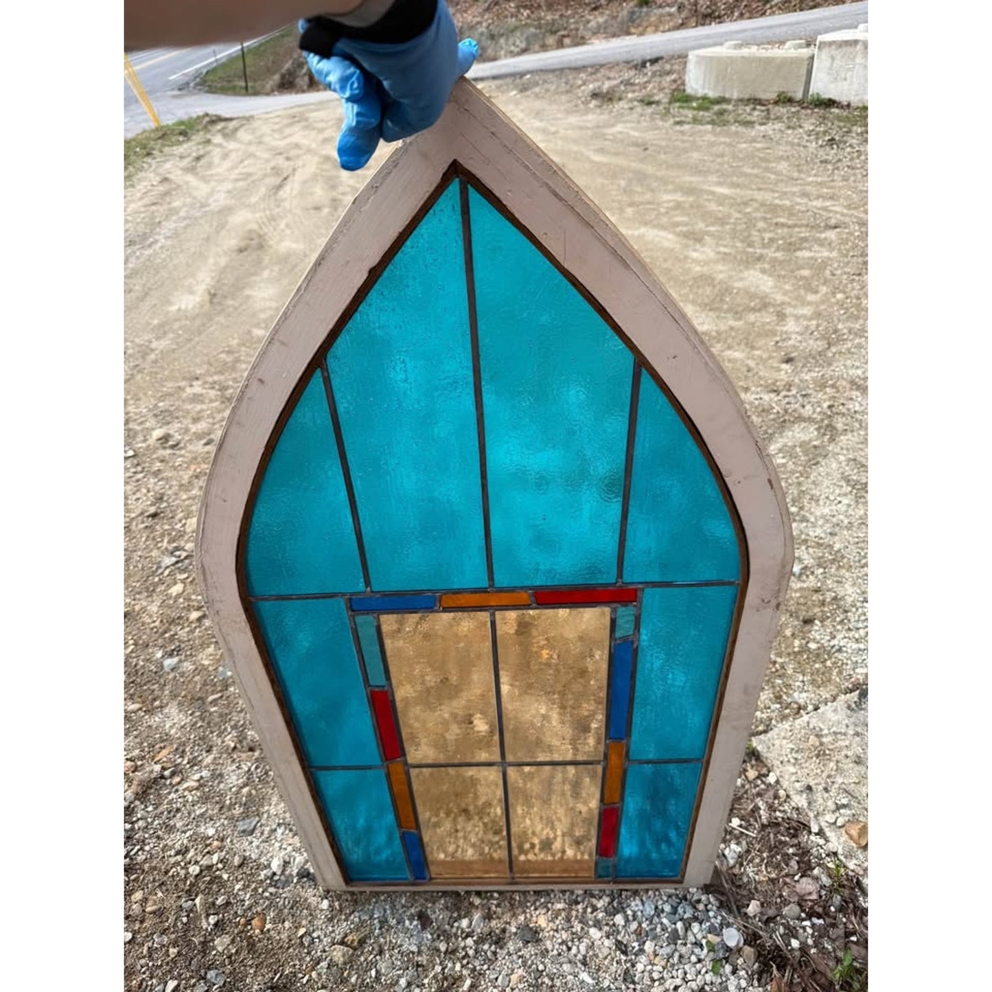 Set of 4 rare 1880’s gothic style & rectangular blue stained glass architectural salvage windows