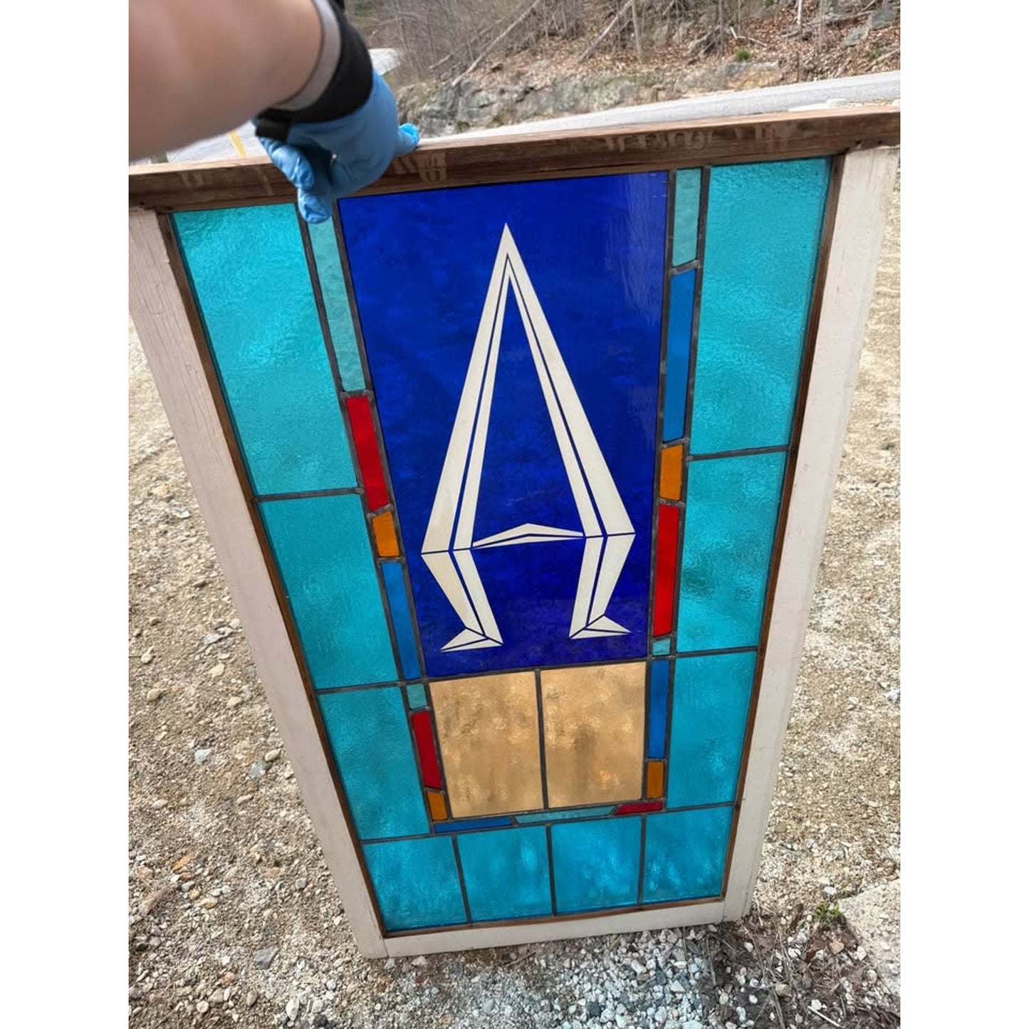 Set of 4 rare 1880’s gothic style & rectangular blue stained glass architectural salvage windows