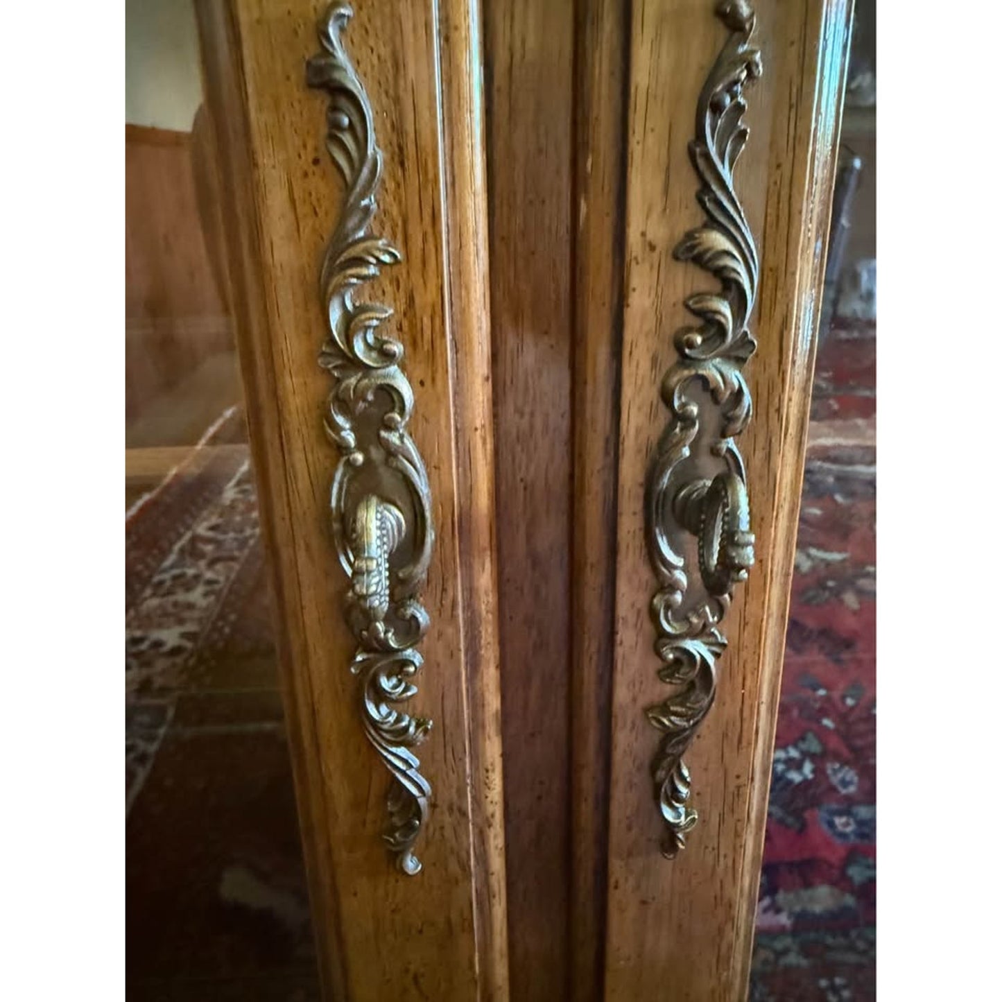 Antique wooden hutch/china cabinet/liquor cabinet with glass doors & shelves, iron detail