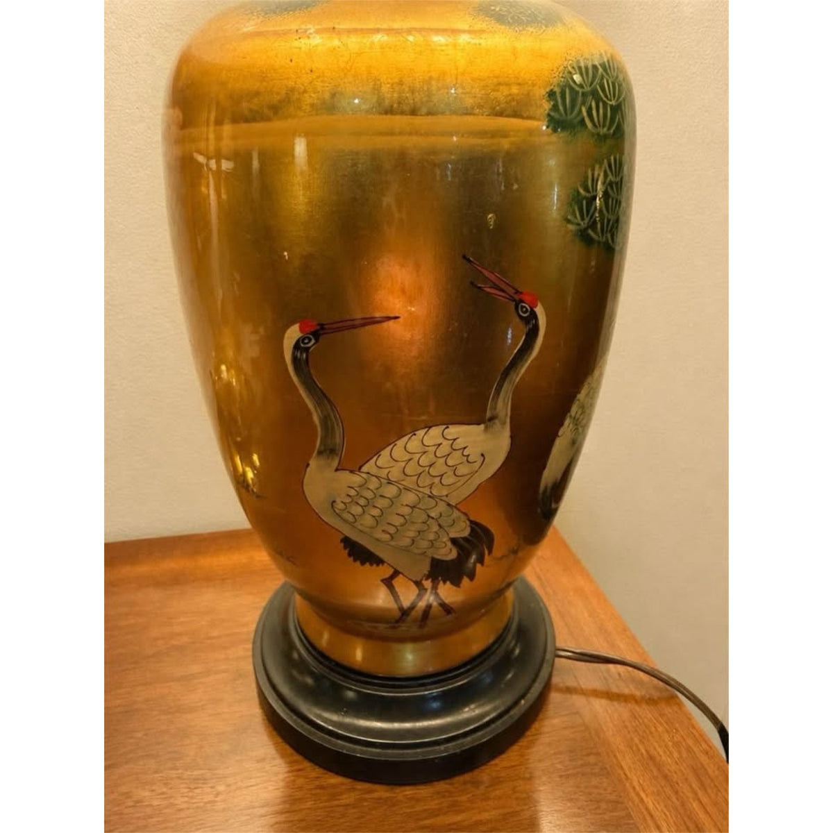 Pair of Vintage Asian hand painted Gold Ceramic Table Lamps with cranes