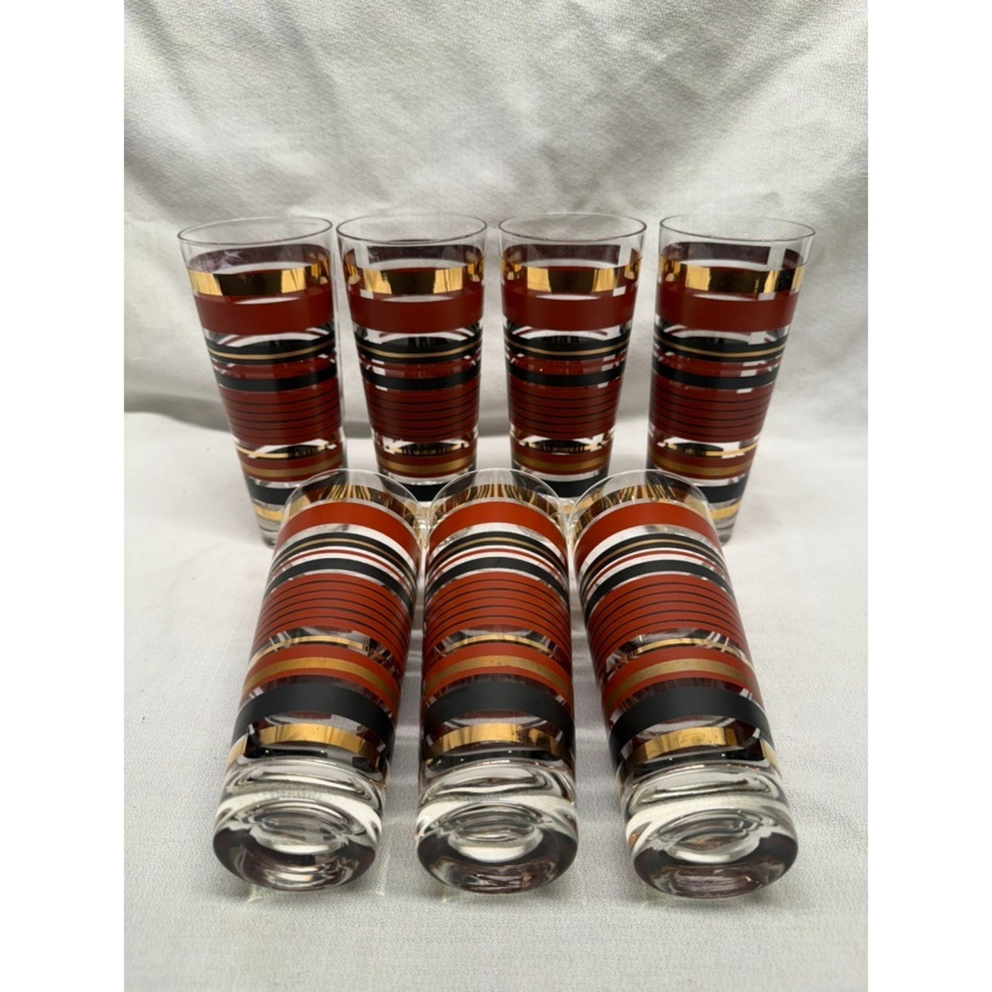 (7) Rare mid century modern high ball striped glasses red gold black 7" tumbler
