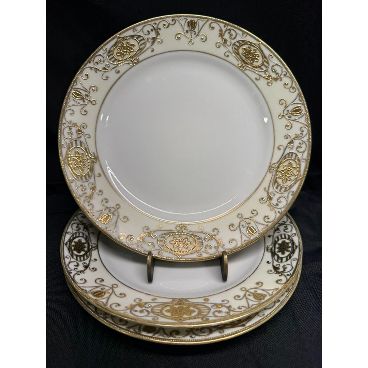 Set of 3 Noritake "Christmas Ball" 7.75" Salad Plates Round Gold Encrusted VTG