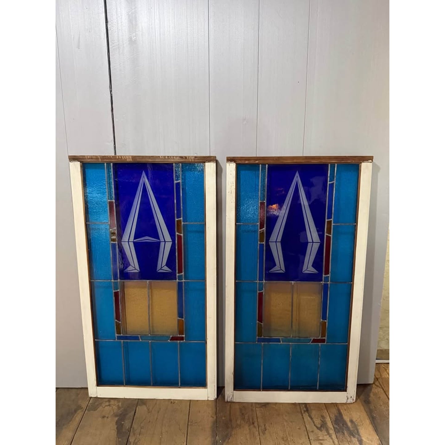 Set of 4 rare 1880’s gothic style & rectangular blue stained glass architectural salvage windows