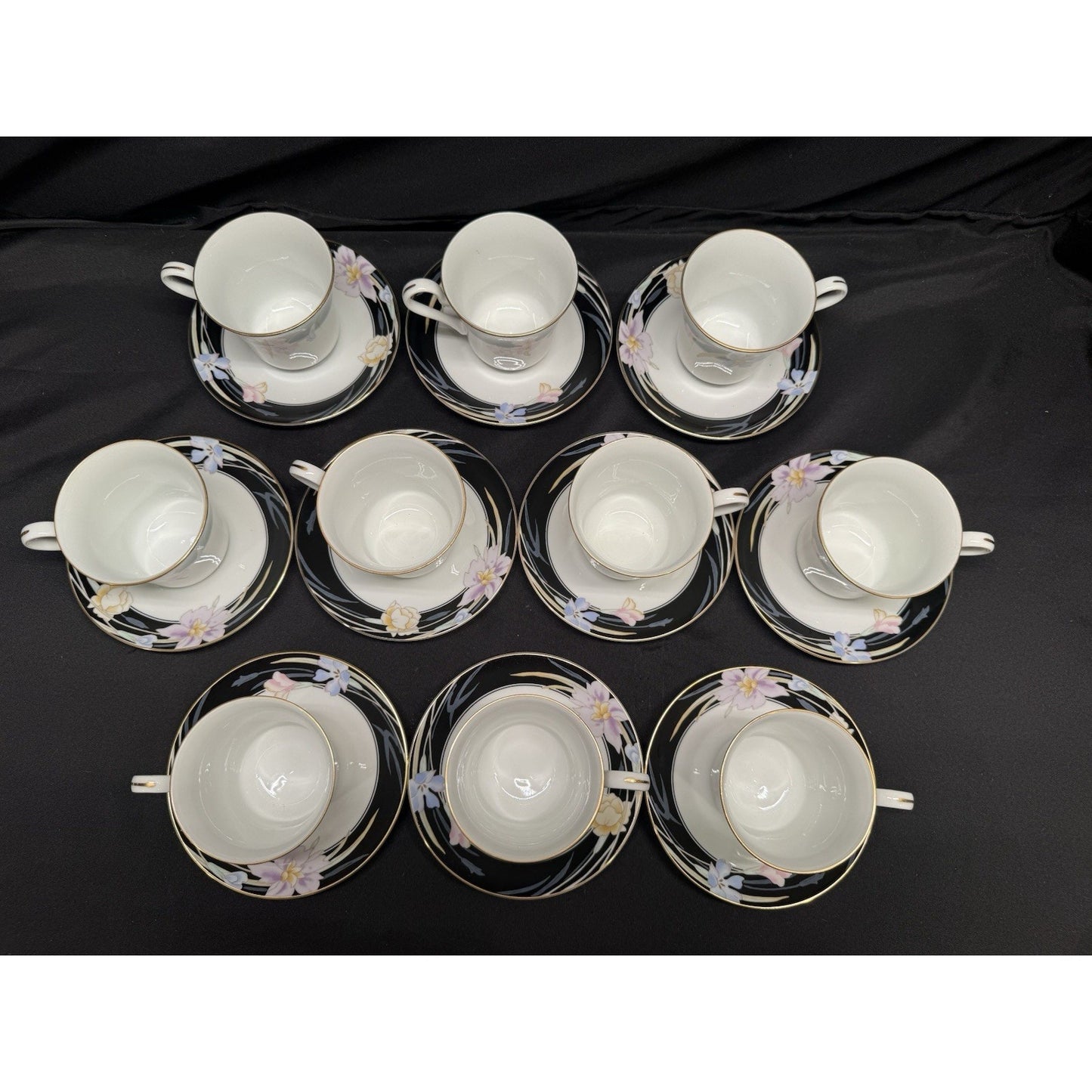 Mikasa Charisma Black Fine China Set Of 12 Saucers 10 Tea Cups Floral Vintage