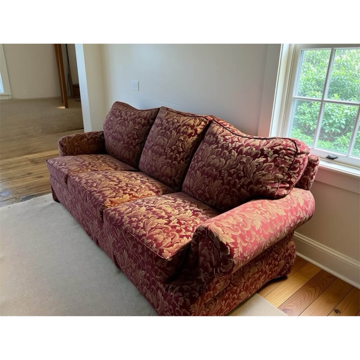Burgundy and beige 3 seater plush couch very soft