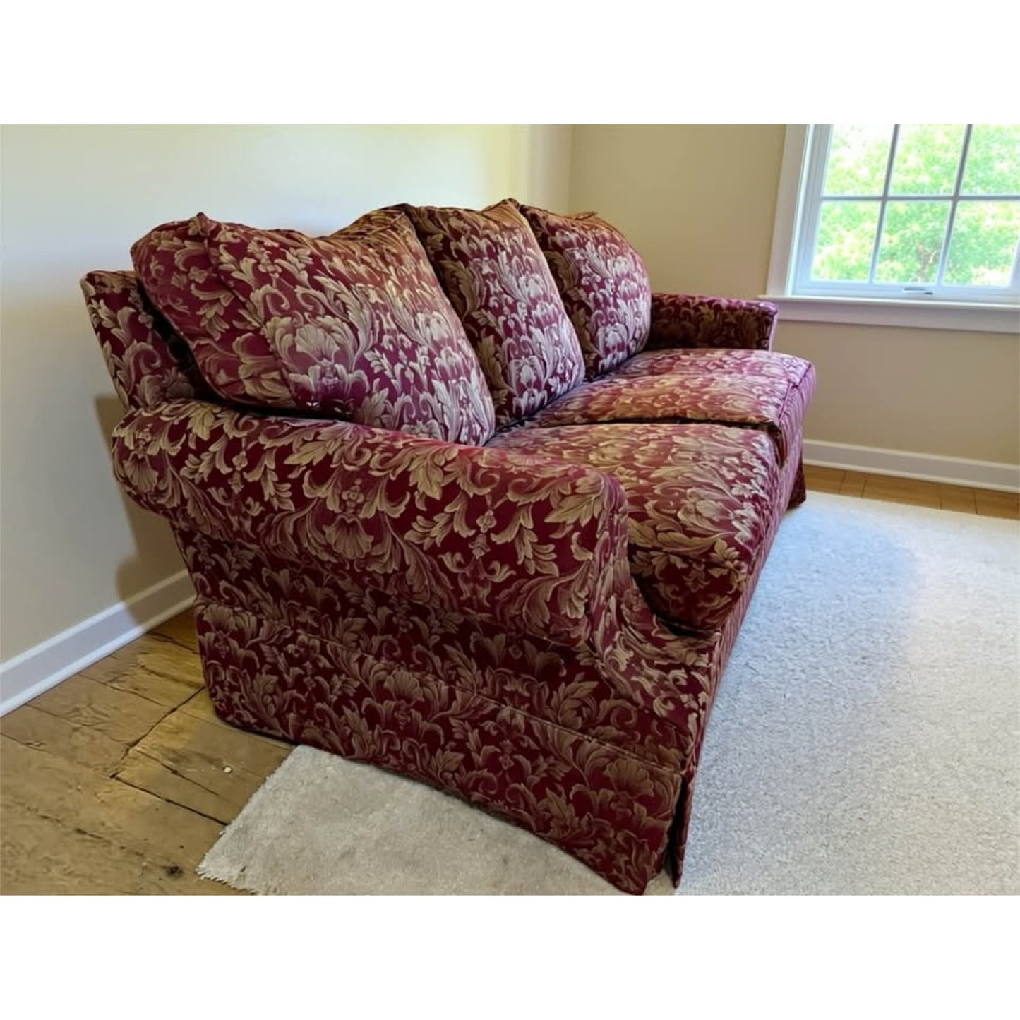 Burgundy and beige 3 seater plush couch very soft