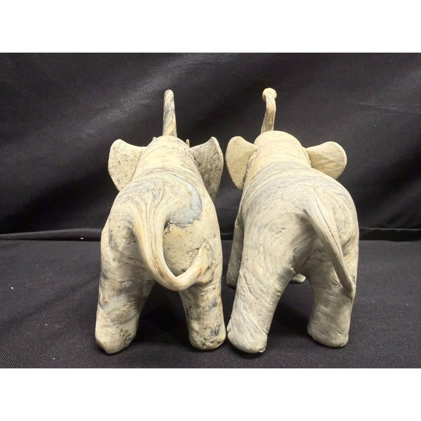 Pair Carved Elephants made from Crushed Oyster Shells trunk up Vintage 5.5" tall
