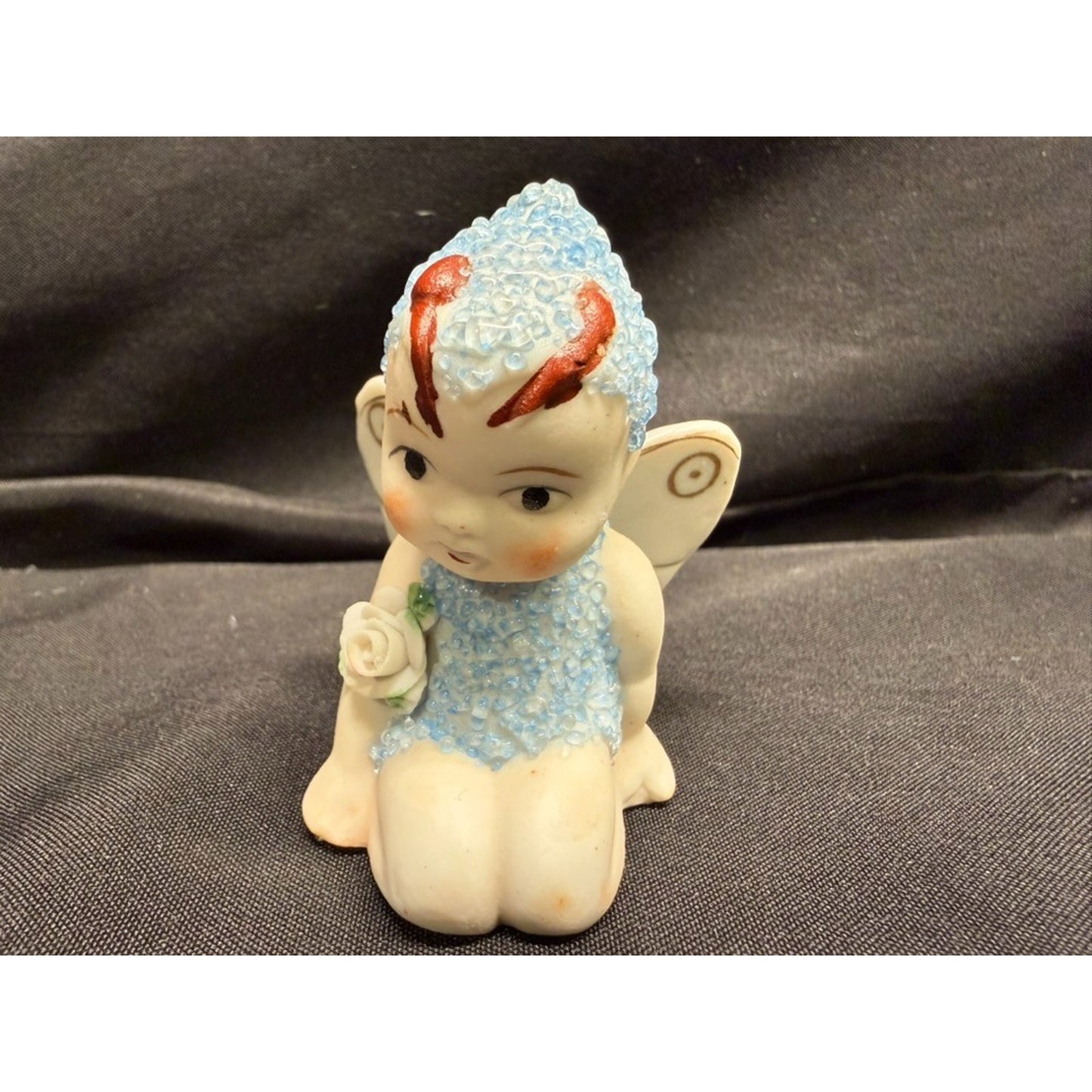 Pair of Vintage Sugar Baby Fairy Pixie Porcelain Figurines 1 blue 1 yellow 2.75"