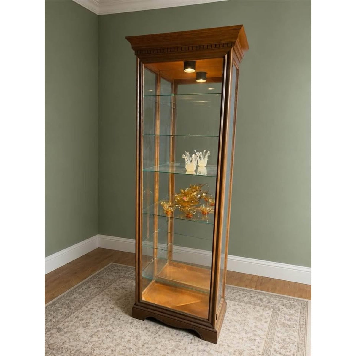 Vintage oak and glass lighted display cabinet/curio cabinet