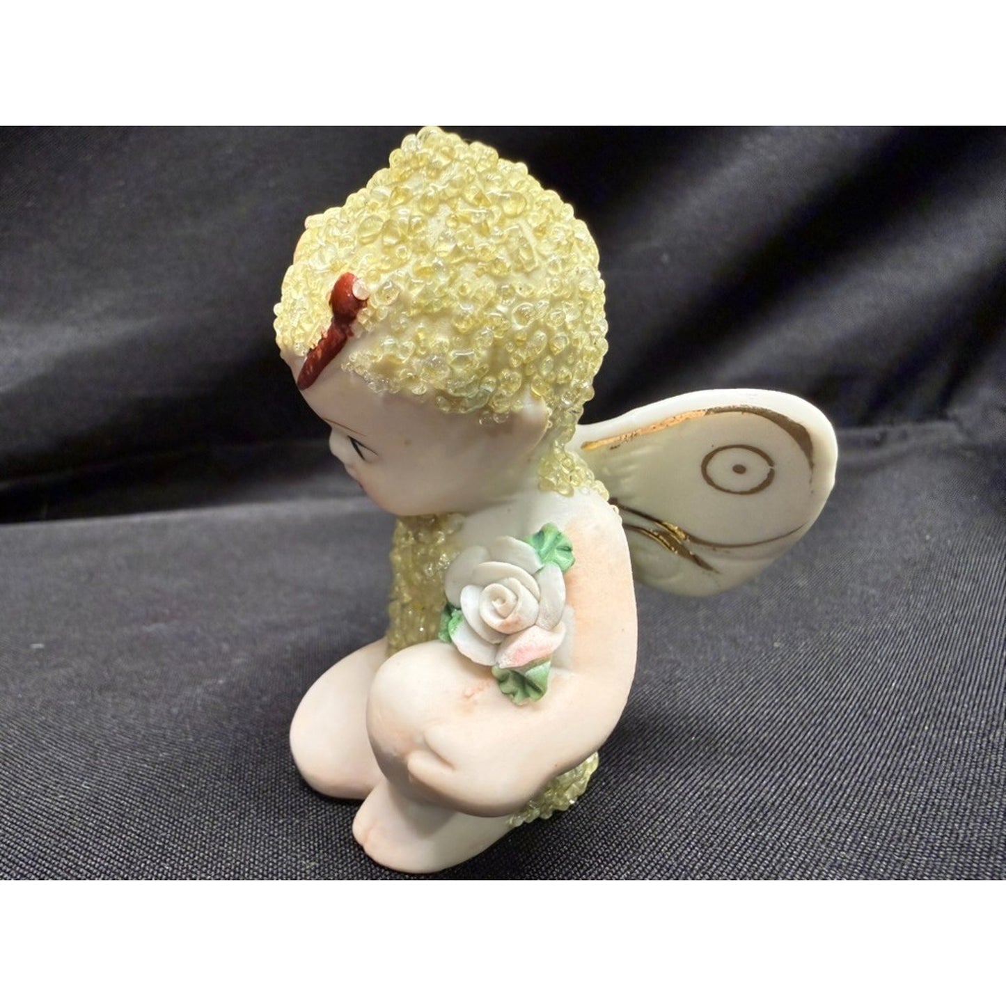 Pair of Vintage Sugar Baby Fairy Pixie Porcelain Figurines 1 blue 1 yellow 2.75"
