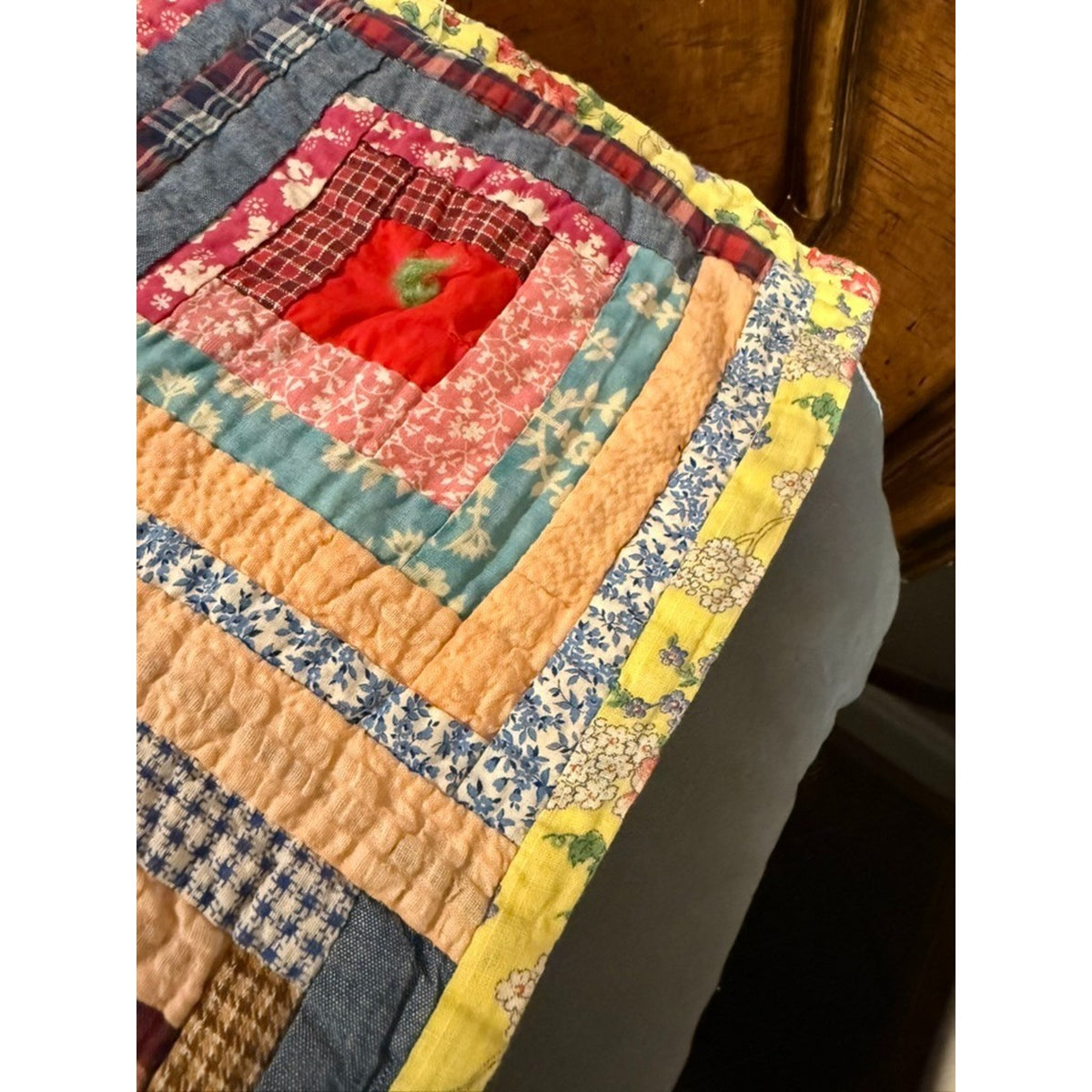 Antique Handmade Log Cabin Quilt Twin Size 60" x 80" Vintage Farmhouse cottage