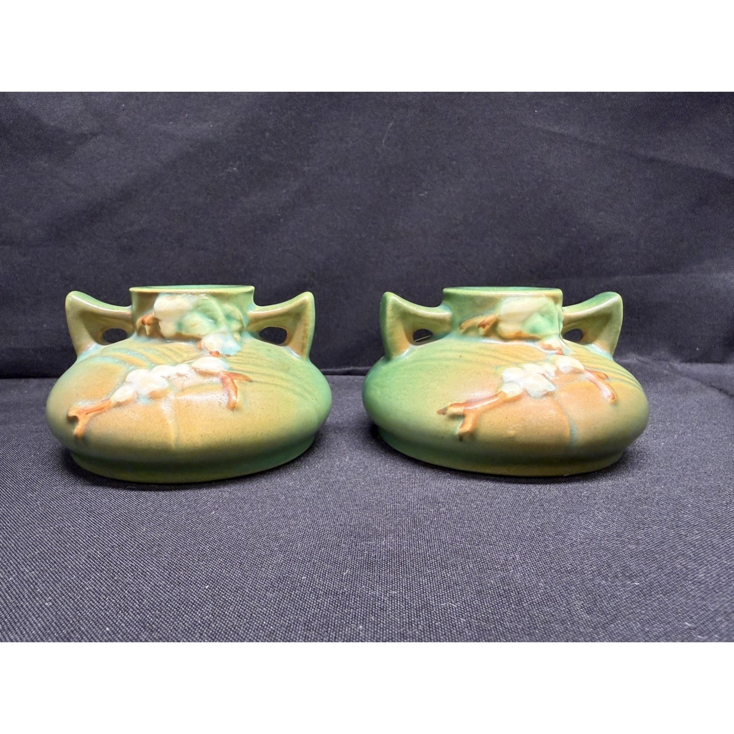 Pair of Roseville Pottery Candlestick Holders Green white berry 1CS1 Vintage