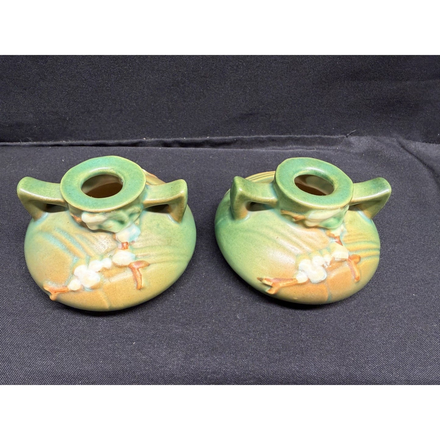 Pair of Roseville Pottery Candlestick Holders Green white berry 1CS1 Vintage