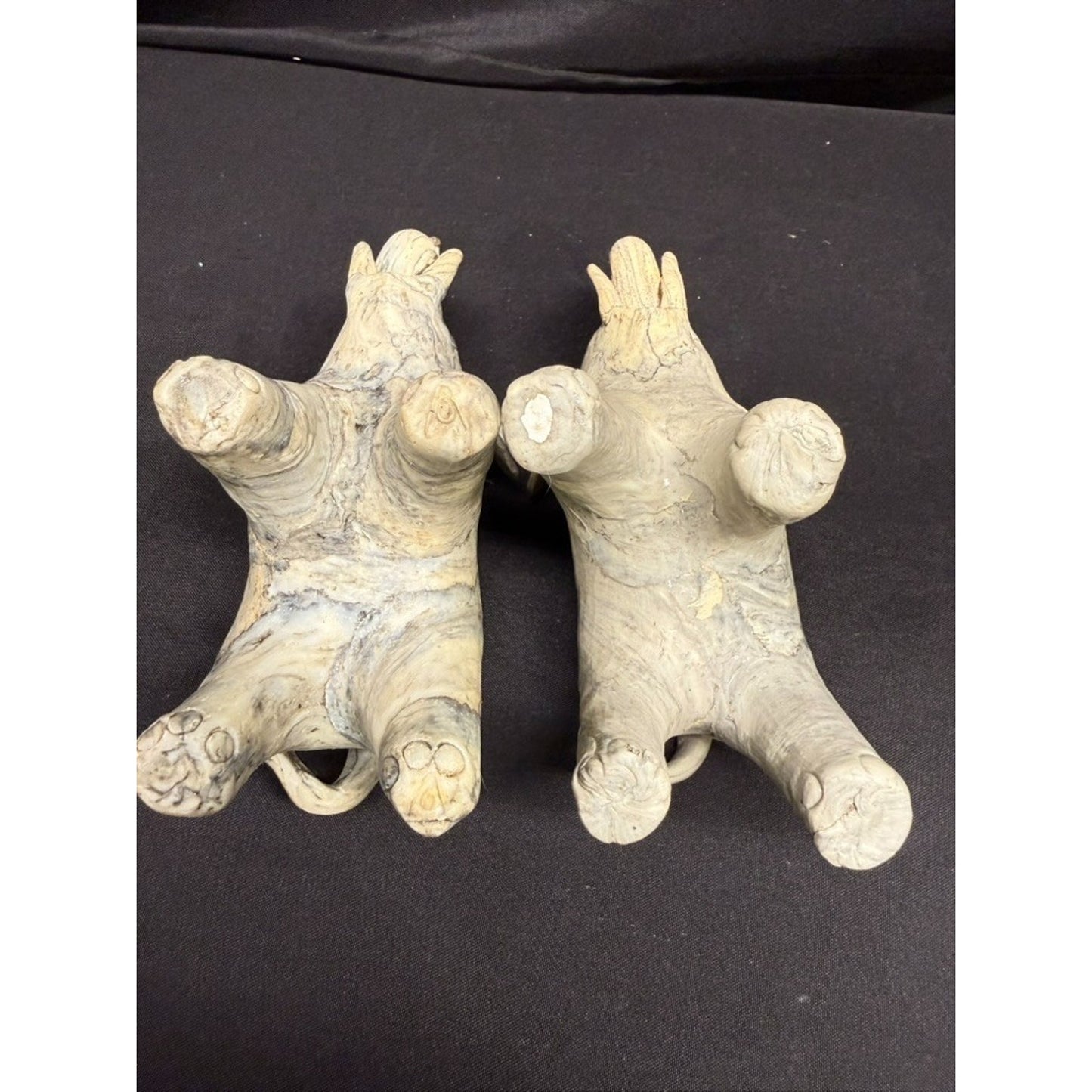 Pair Carved Elephants made from Crushed Oyster Shells trunk up Vintage 5.5" tall