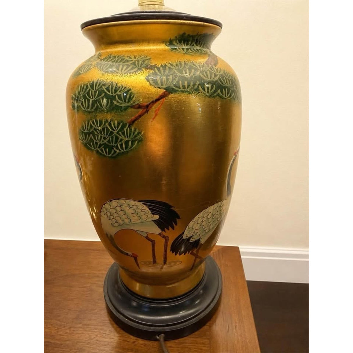Pair of Vintage Asian hand painted Gold Ceramic Table Lamps with cranes