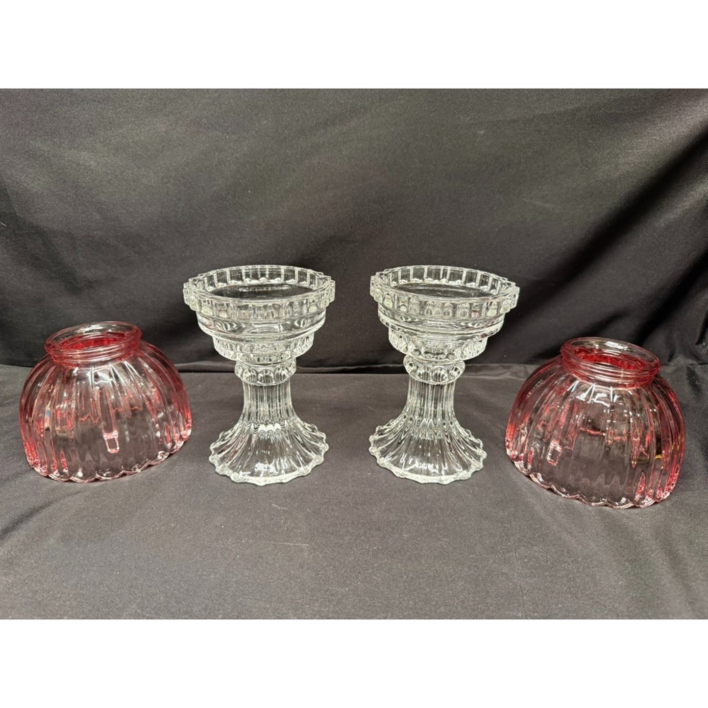 Pair of L.E. Smith Vintage Pink Fairy Lamps Clear Glass Pedestal Candle Holders