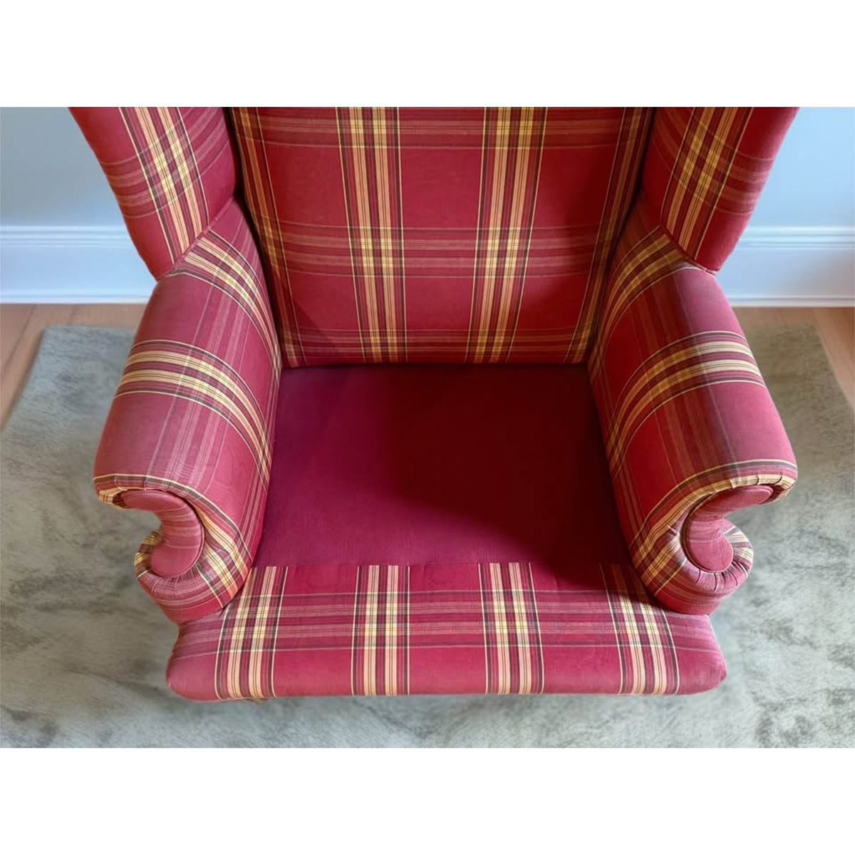 Red, cream & brown plaid wing back chair, great for country cottage!