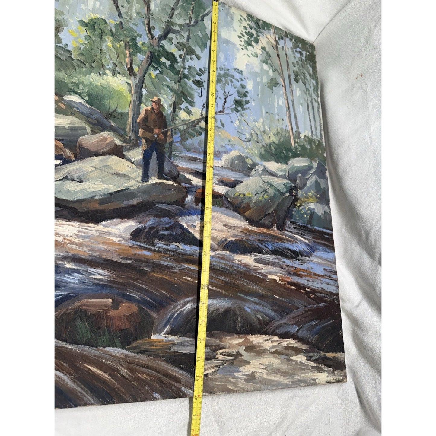 Charles Gordon Harris Painting Man Fishing New England River 30” X 25” Vintage