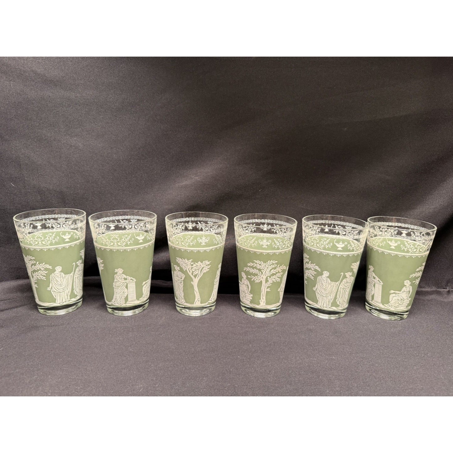 Set of 6 Wedgewood Jeanette Helllenic Sage green white Vintage glass tumblers 5”