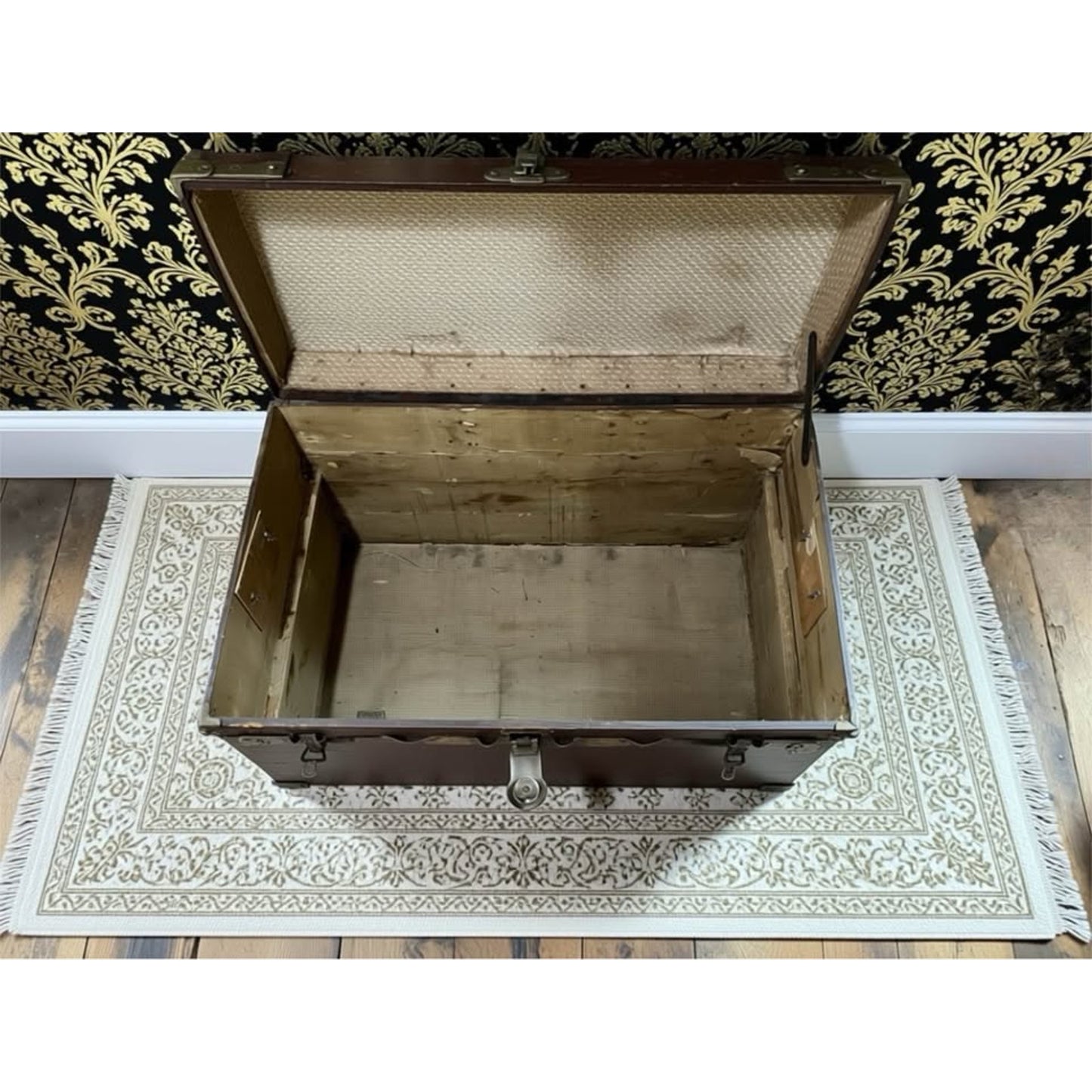 Large Antique wooden flat top steamer trunk