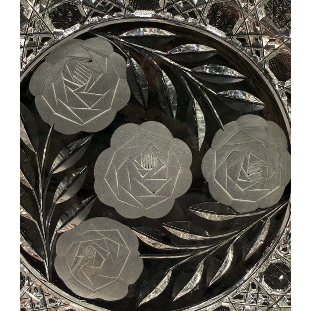 American Brilliant Crystal Cut Glass Round Centerpiece Bowl Etched Flowers 8"