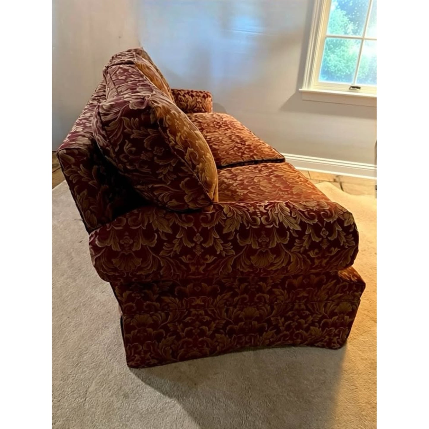 Burgundy and beige 3 seater plush couch very soft