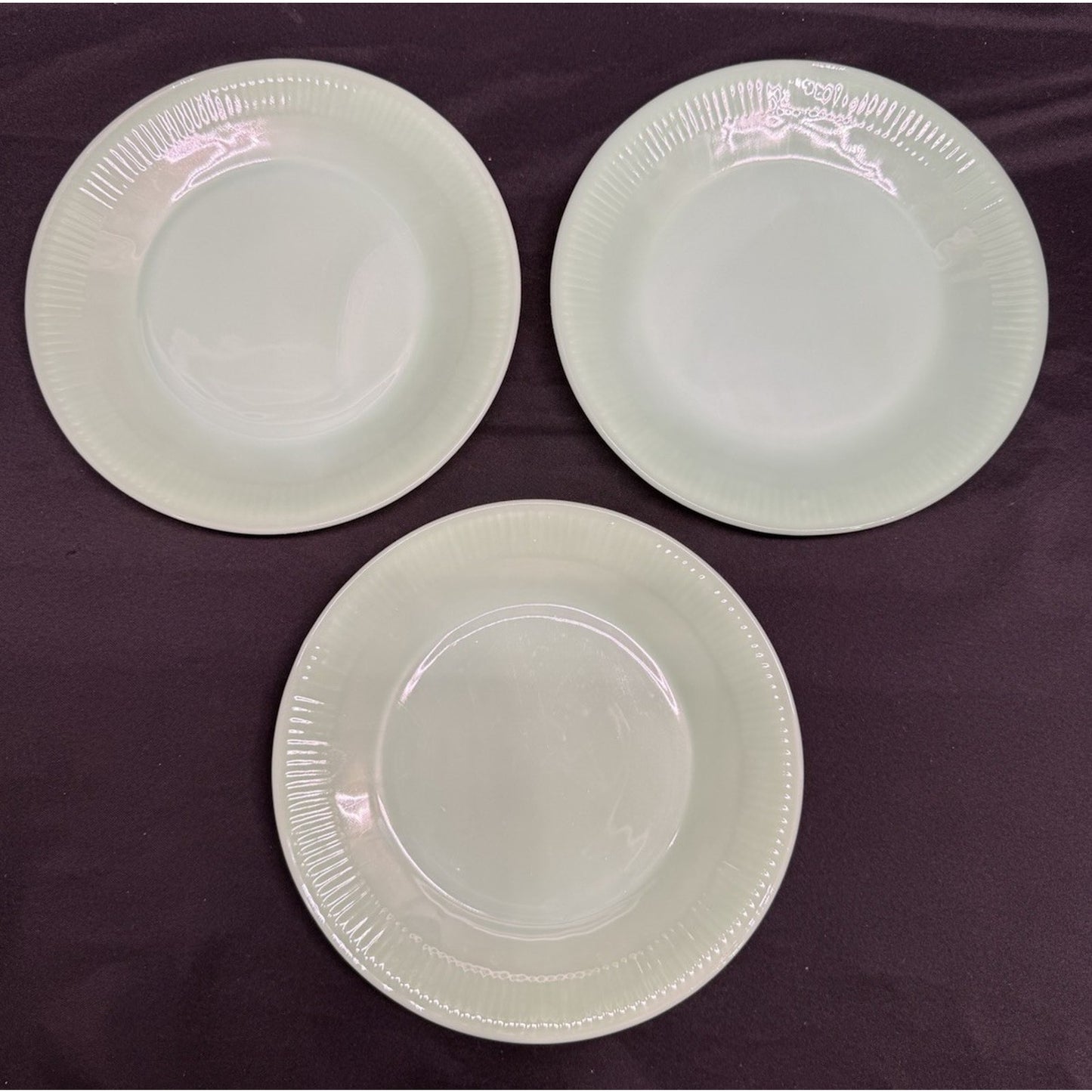 Set of 3 Fire-King Jane Ray lined rim Jadeite Dinner Plates vintage 9 inch green