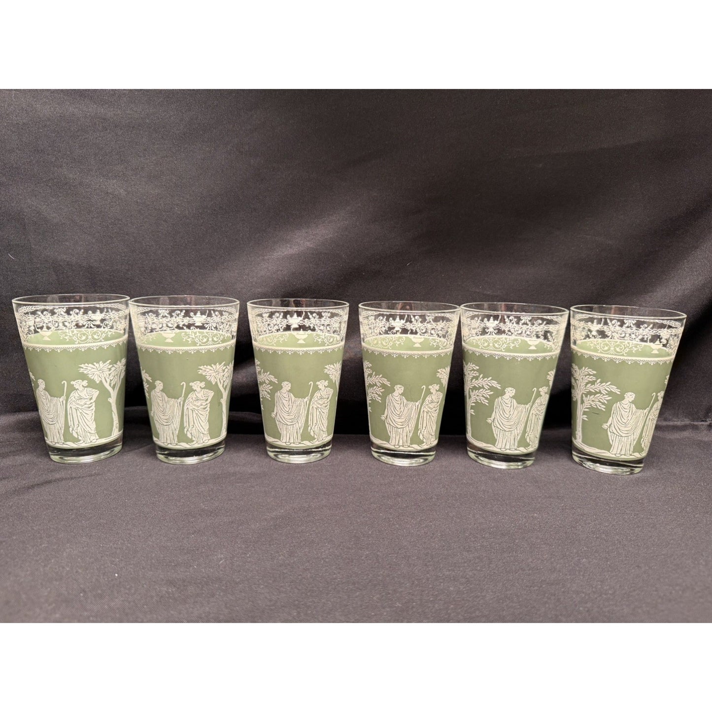 Set of 6 Wedgewood Jeanette Helllenic Sage green white Vintage glass tumblers 5”