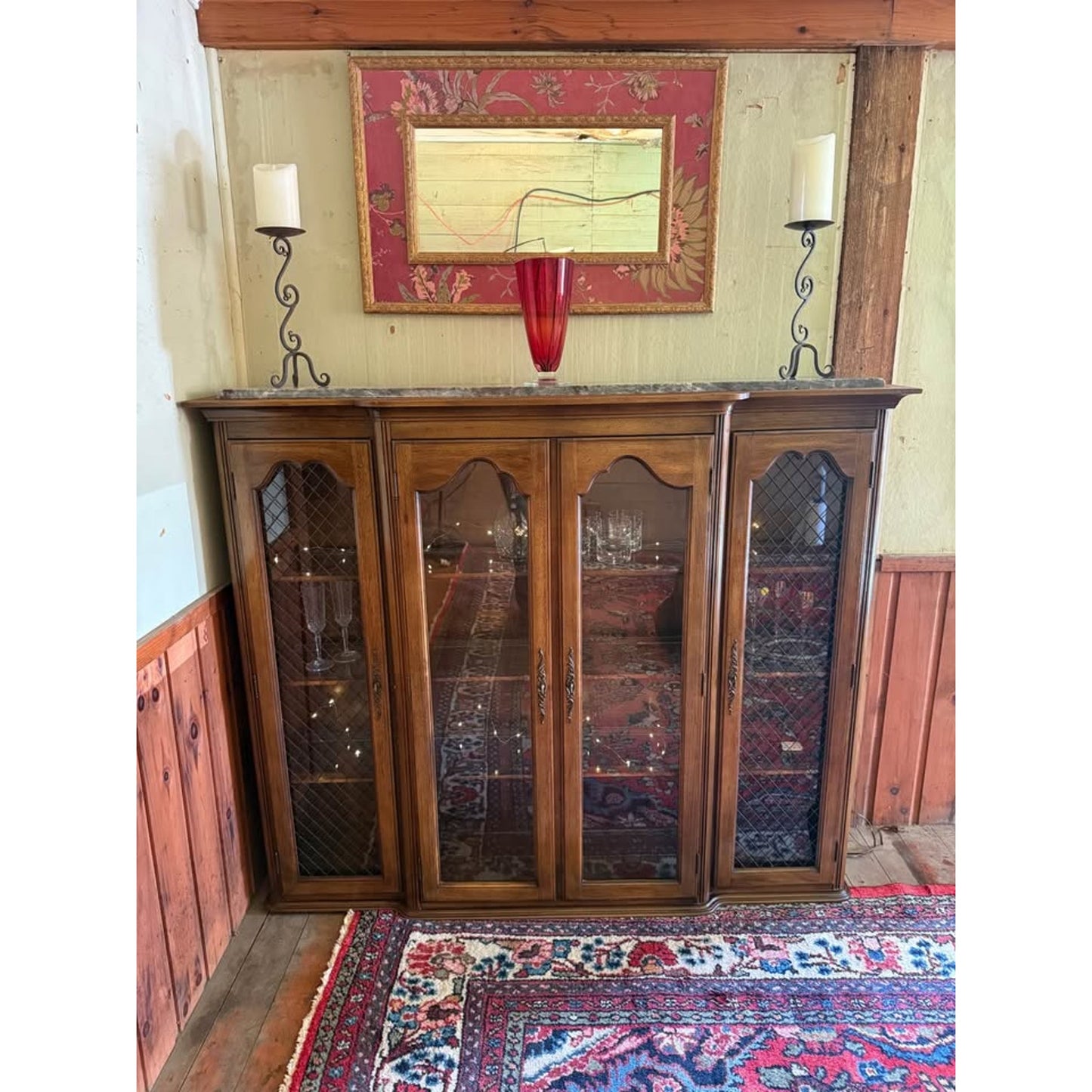 Antique wooden hutch/china cabinet/liquor cabinet with glass doors & shelves, iron detail