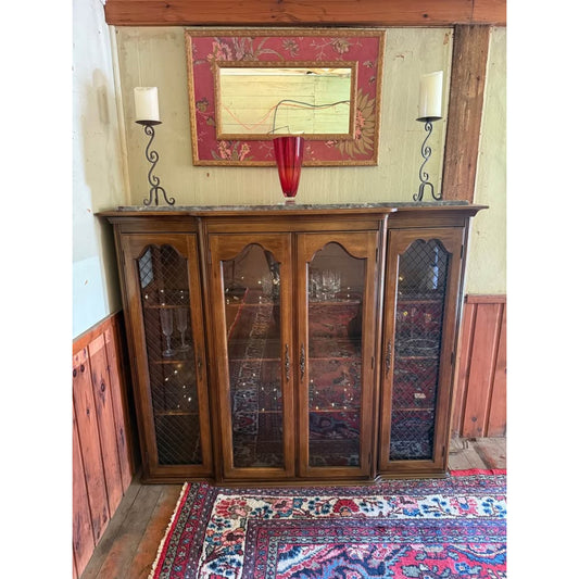 Antique wooden hutch/china cabinet/liquor cabinet with glass doors & shelves, iron detail