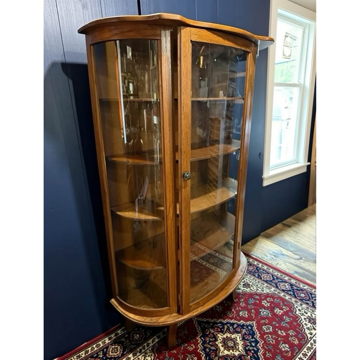 Vintage half moon glass and oak curio cabinet/display cabinet