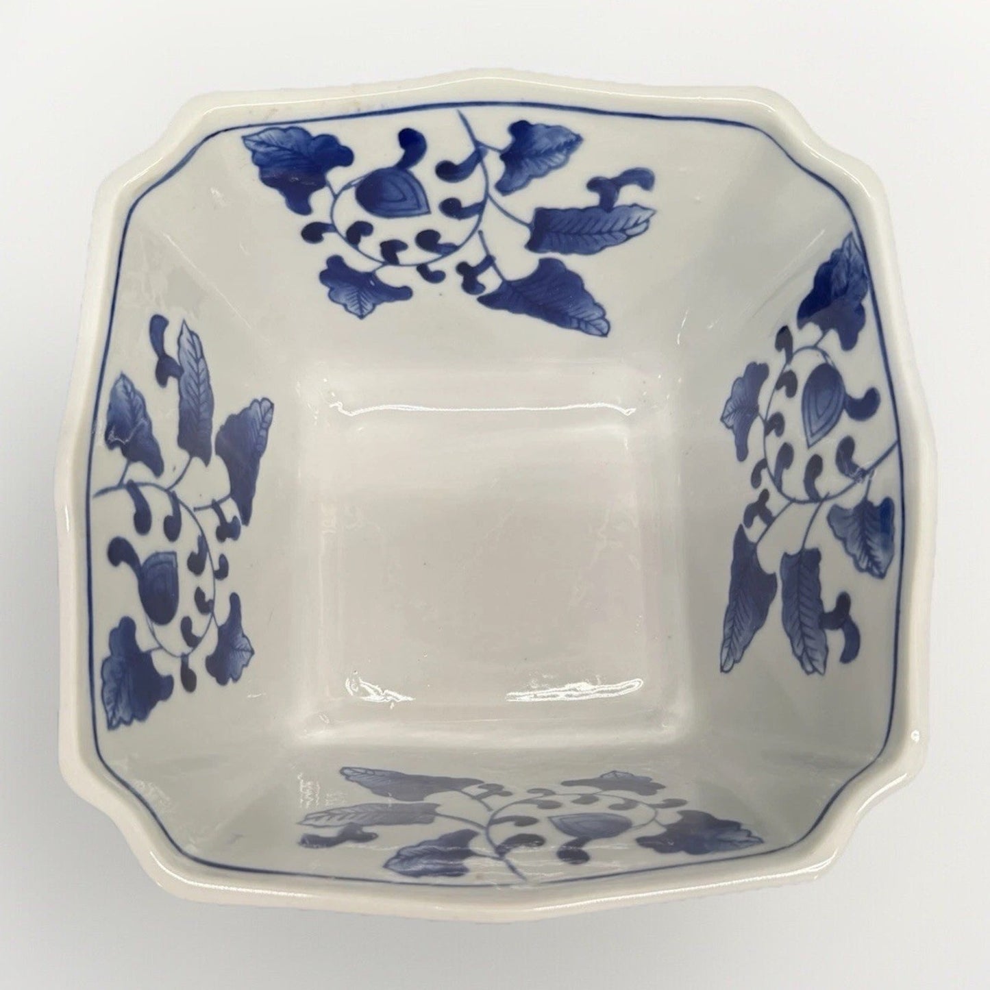 Rare vintage Chinese bamboo floral blue white Porcelain square serving bowl 8.5”