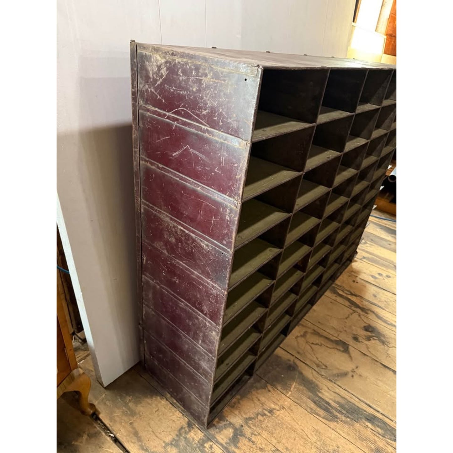 Vintage 1940’s metal Industrial mail organizer/ pigeon hole storage cabinet 45 slots