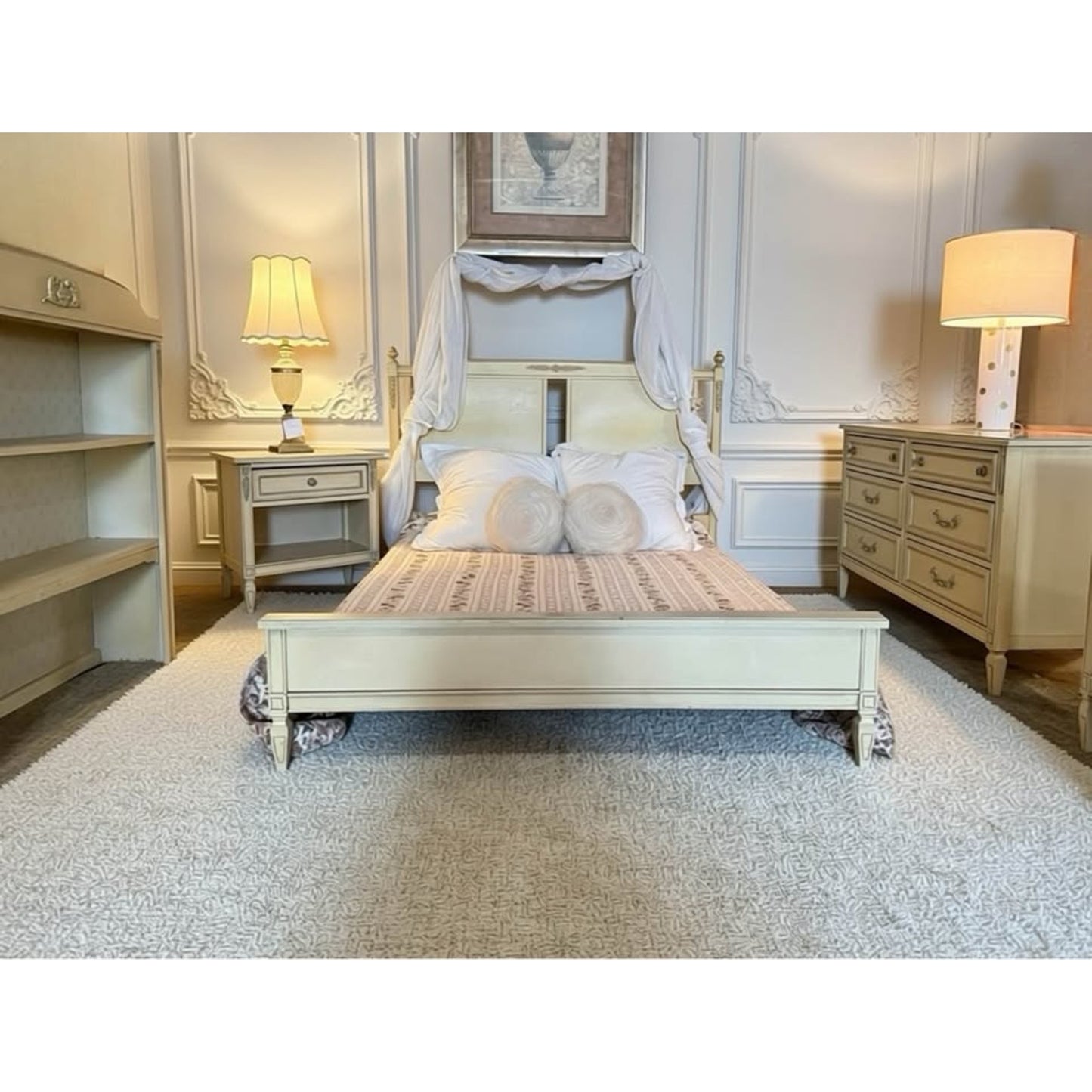 Cream color French provincial bedroom set bed frame, desk, bookcase, mirror, night stand, dresser